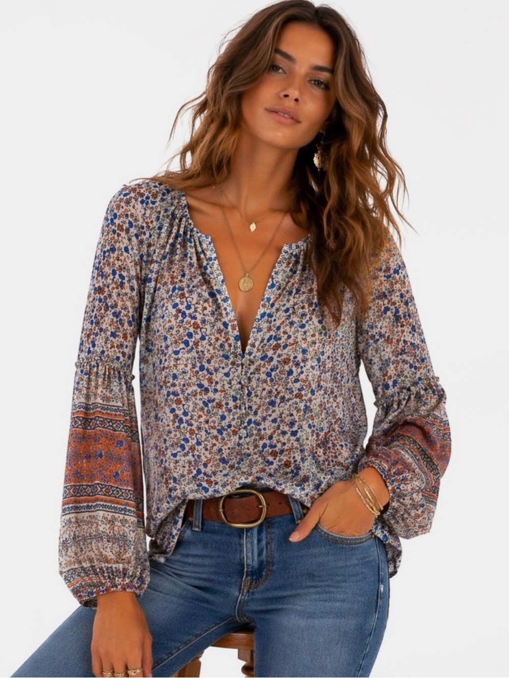 Misa Los Angeles Sheer Blue Cream Floral Boho Peasant Blouse
